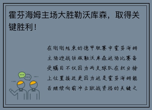 霍芬海姆主场大胜勒沃库森,取得关键胜利!